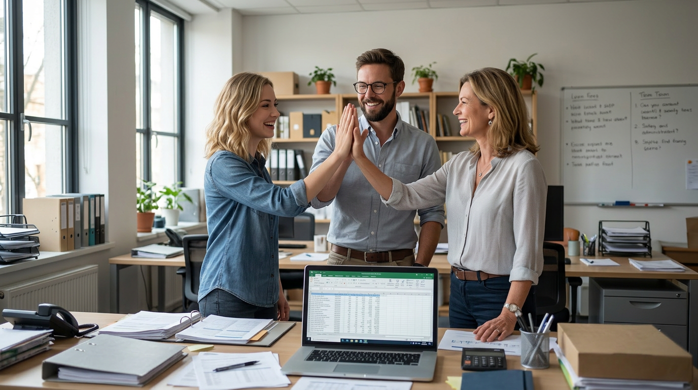 Three coworkers high-five in a modern office beside laptops, papers, and a whiteboard.