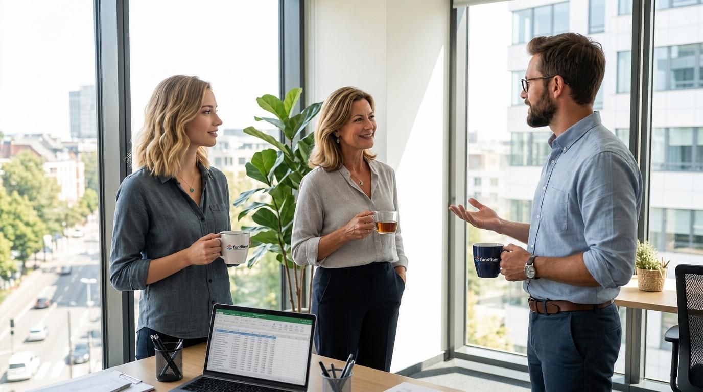 Three coworkers chatting in a bright office by large windows, holding drinks near a laptop.