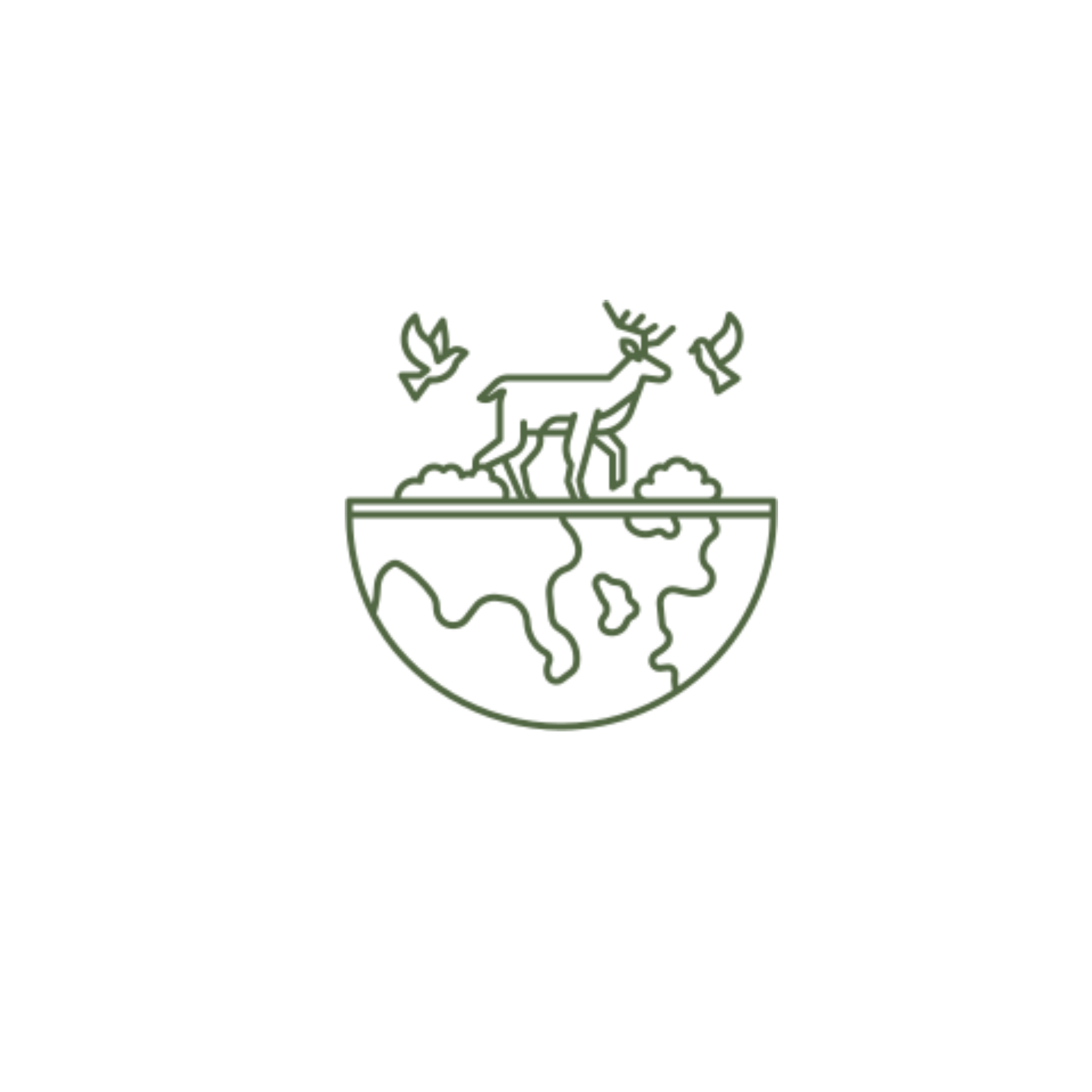 Outline of deer, birds, and clouds atop a globe.