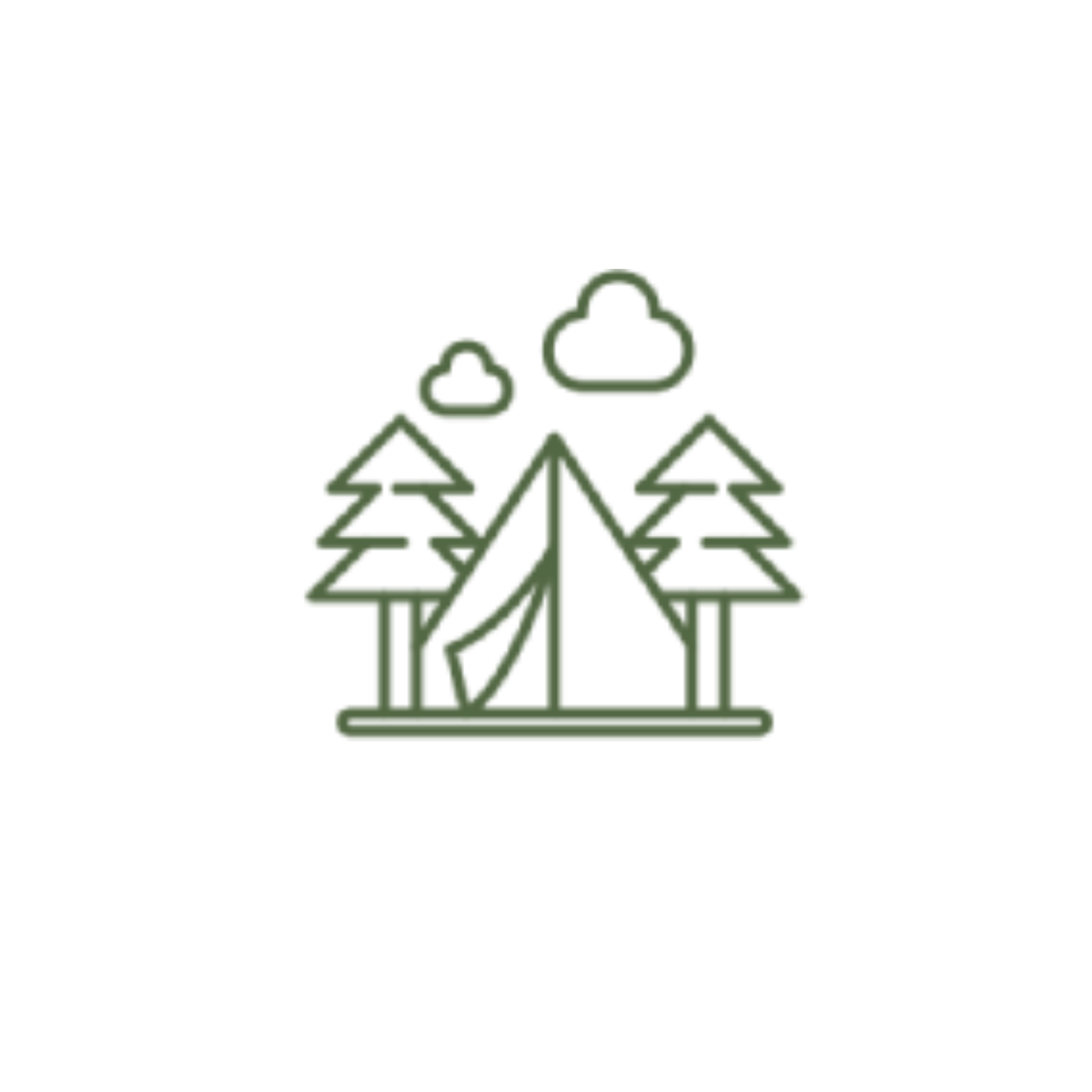 A tent between two trees with clouds above, outlined in green.