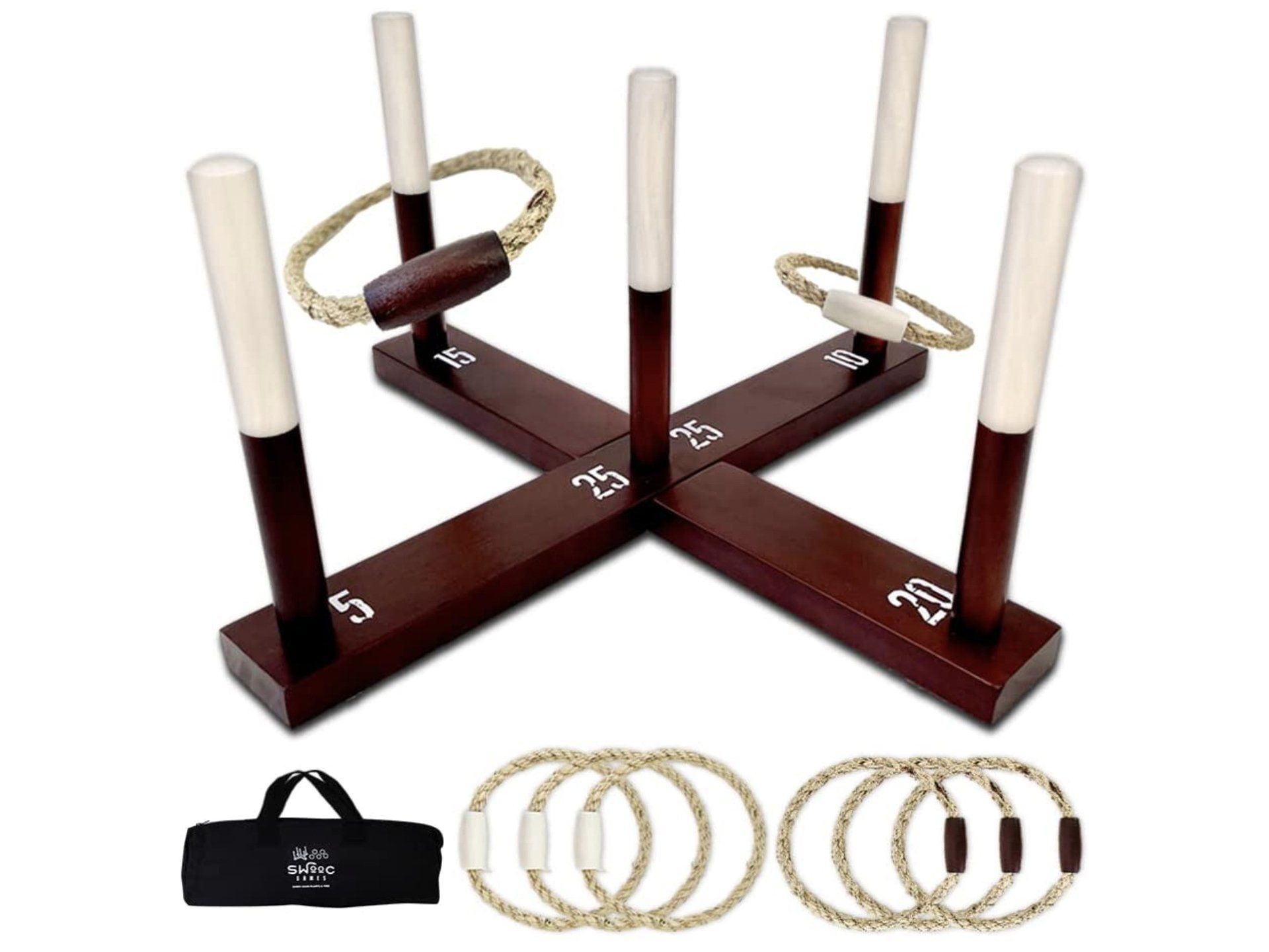 Wooden ring toss game with rings, storage bag.