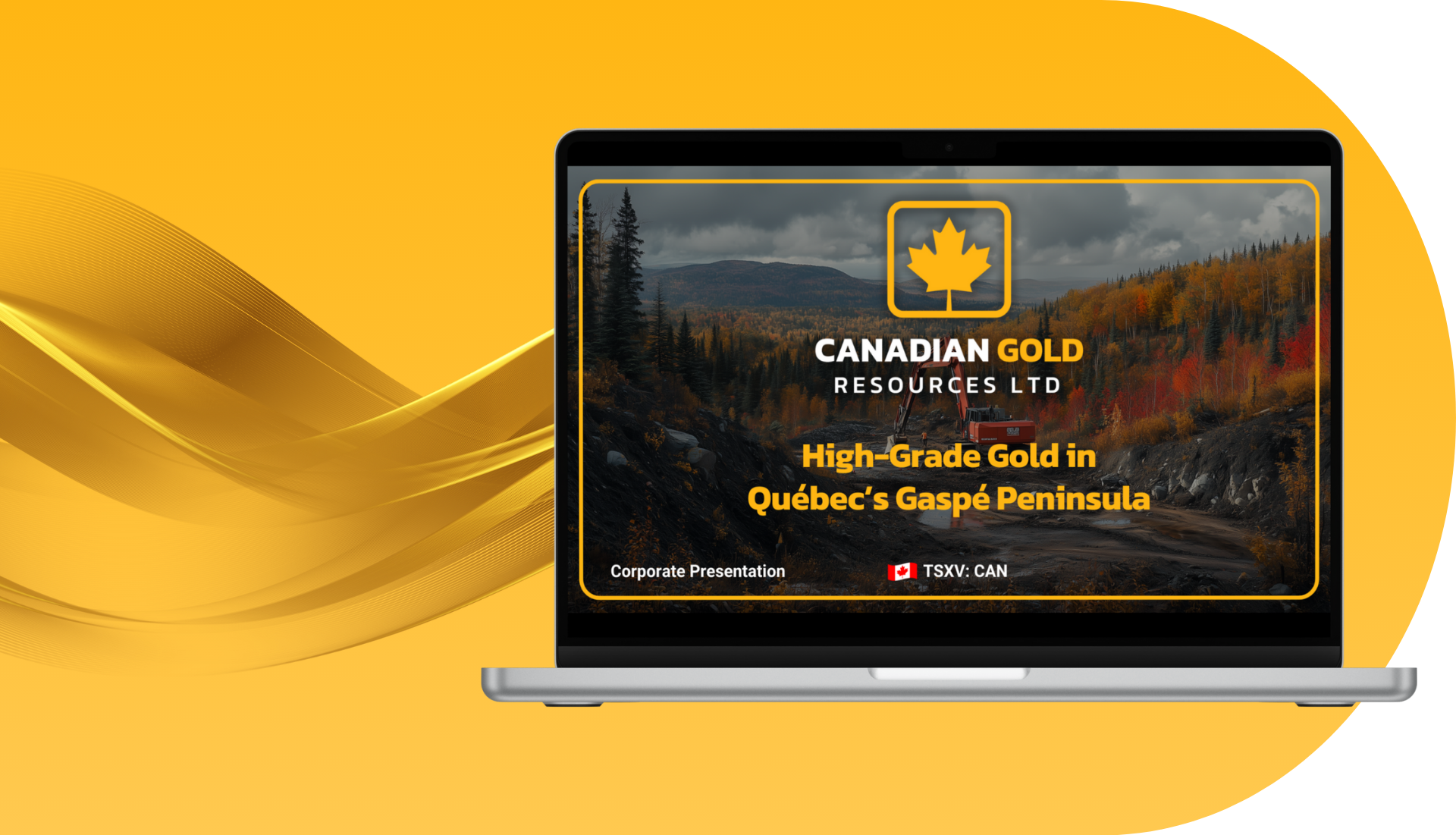 A laptop with a maple leaf on the screen is sitting on a yellow background.