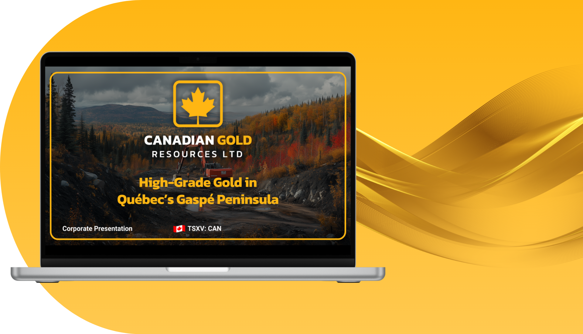 A laptop with a maple leaf on the screen is sitting on a yellow background.