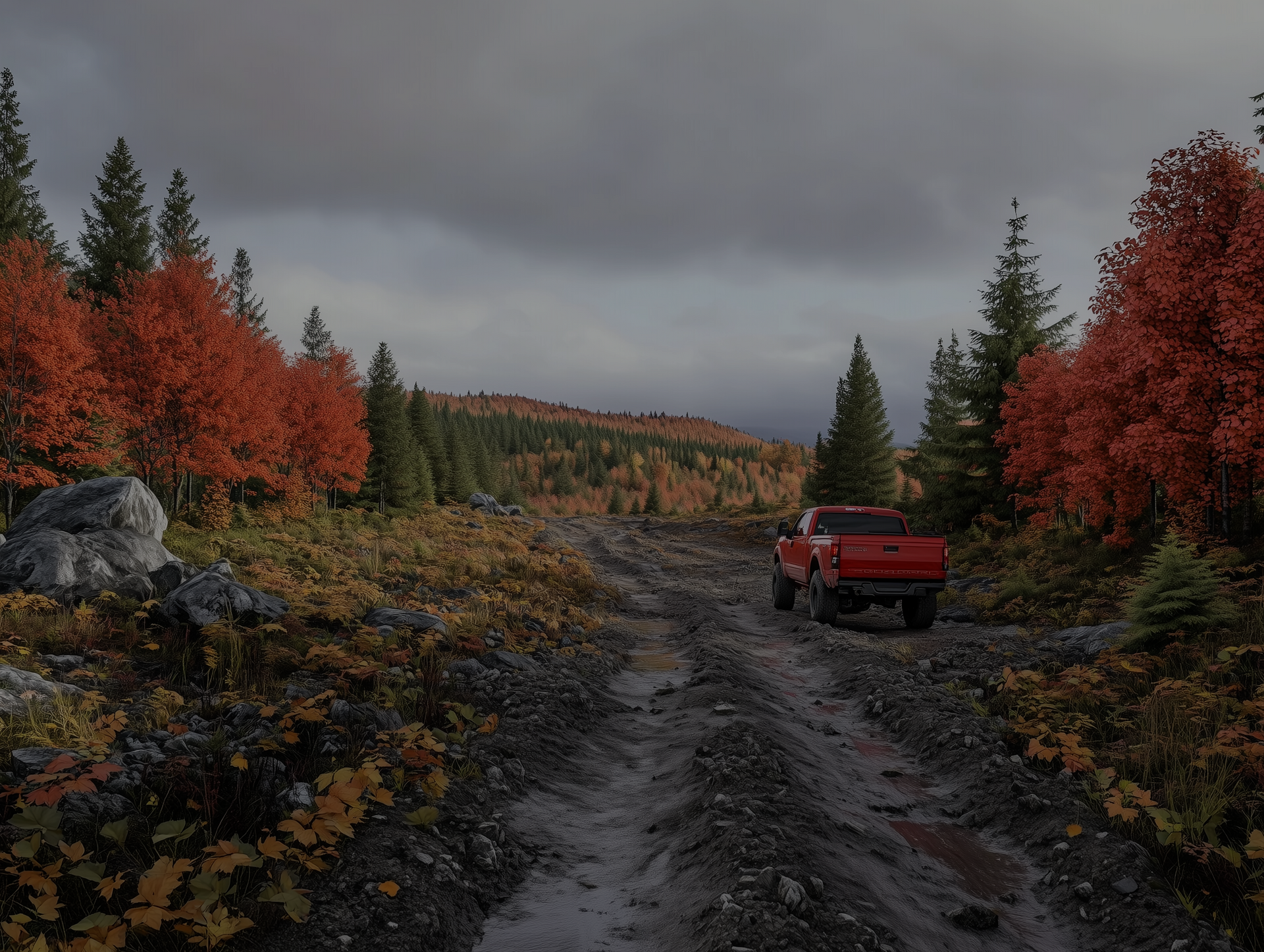 A red truck is driving down a muddy road in the woods