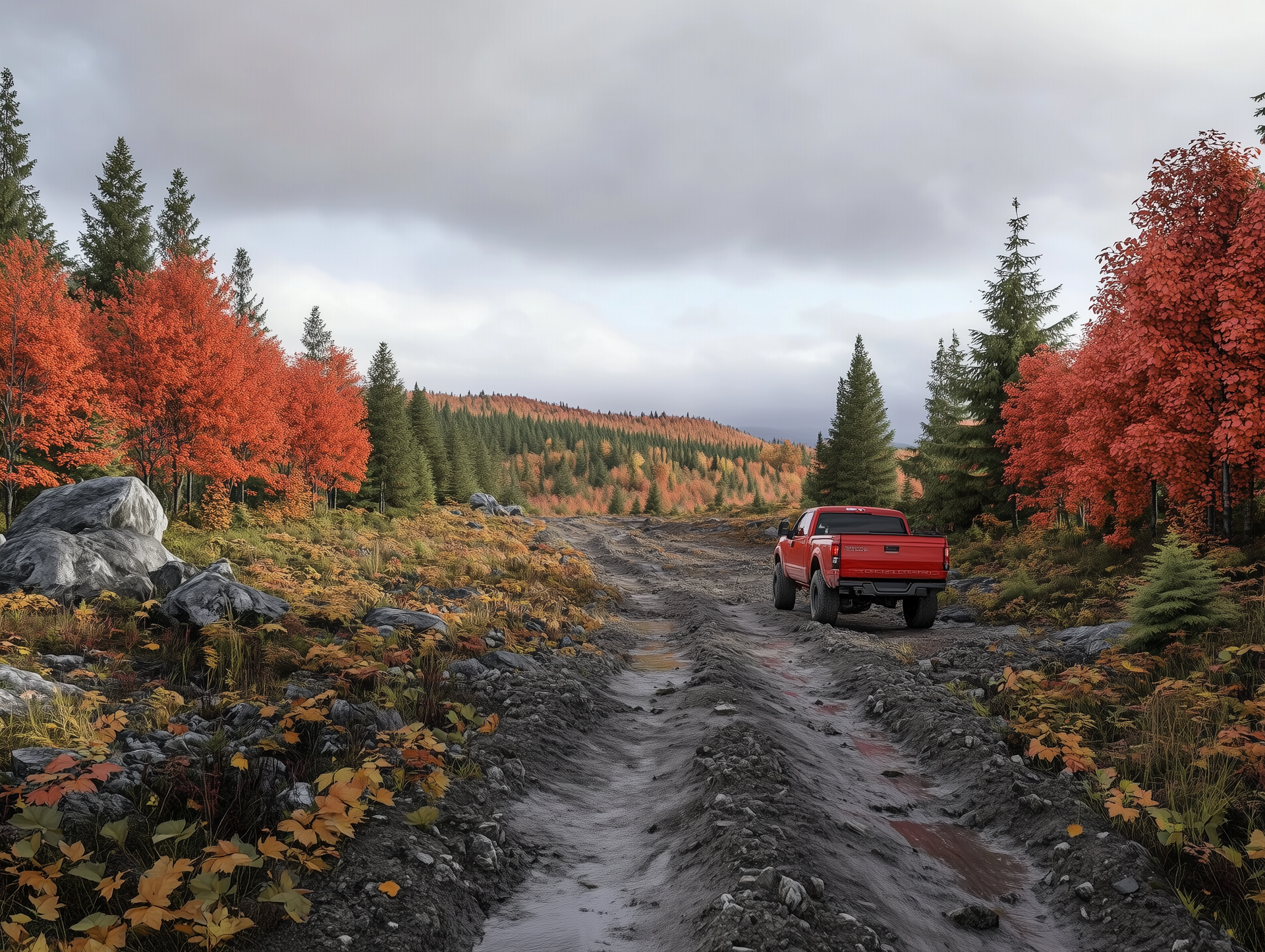A red truck is driving down a dirt road in the woods.