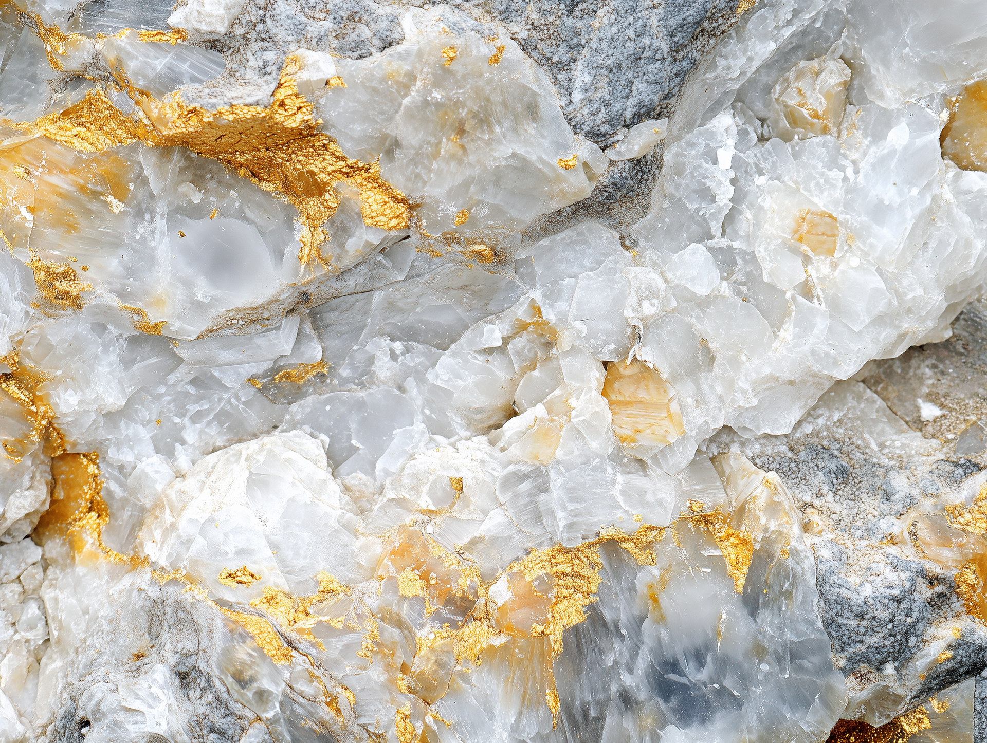 A close up of a white and gold marble texture.