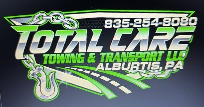 Logo for Total Care Towing & Transport LLC, based in Alburtis, PA, featuring a green and silver design with a tow hook, chains, and the business phone number.