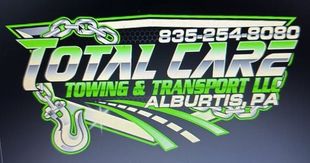 Logo for Total Care Towing & Transport LLC, based in Alburtis, PA, featuring a green and silver design with a tow hook, chains, and the business phone number.