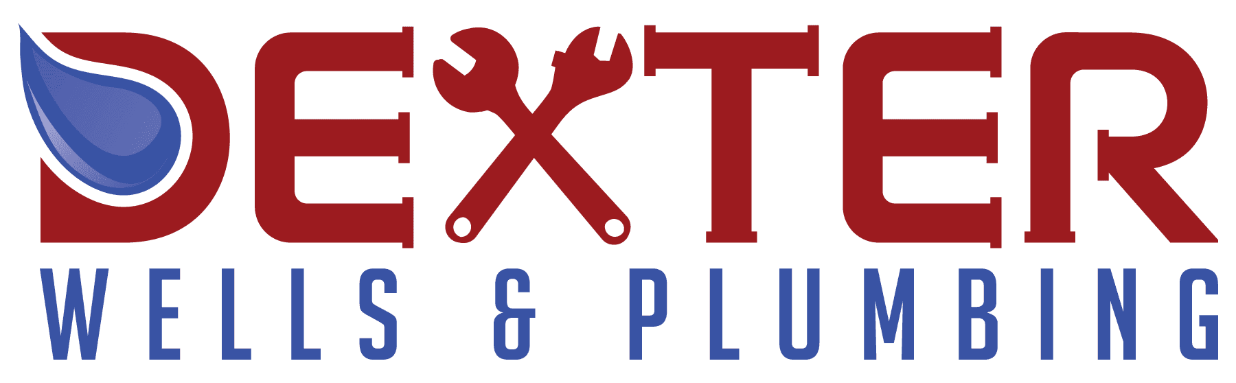 The logo for dexter wells and plumbing is red and blue.