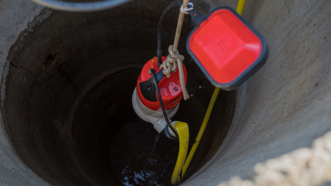 A water pump is being installed in a manhole.