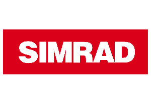 A red and white simrad logo on a white background