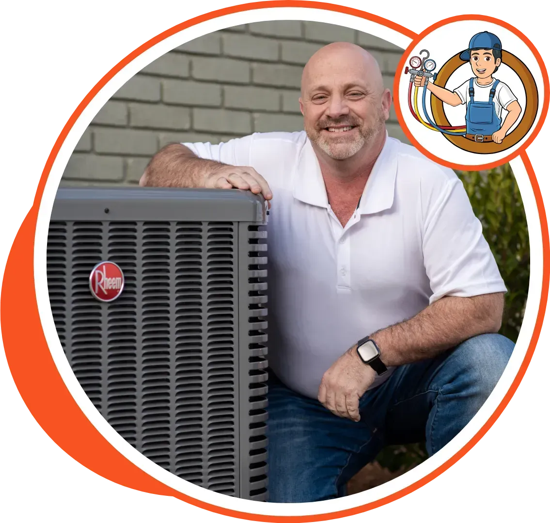 Man in white shirt and jeans kneels beside a Rheem AC unit; cartoon HVAC tech in circle.