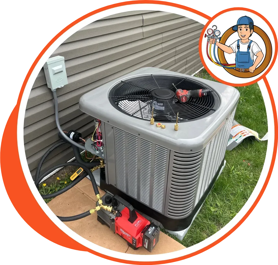 AC unit being serviced outdoors, with a technician graphic in the corner.