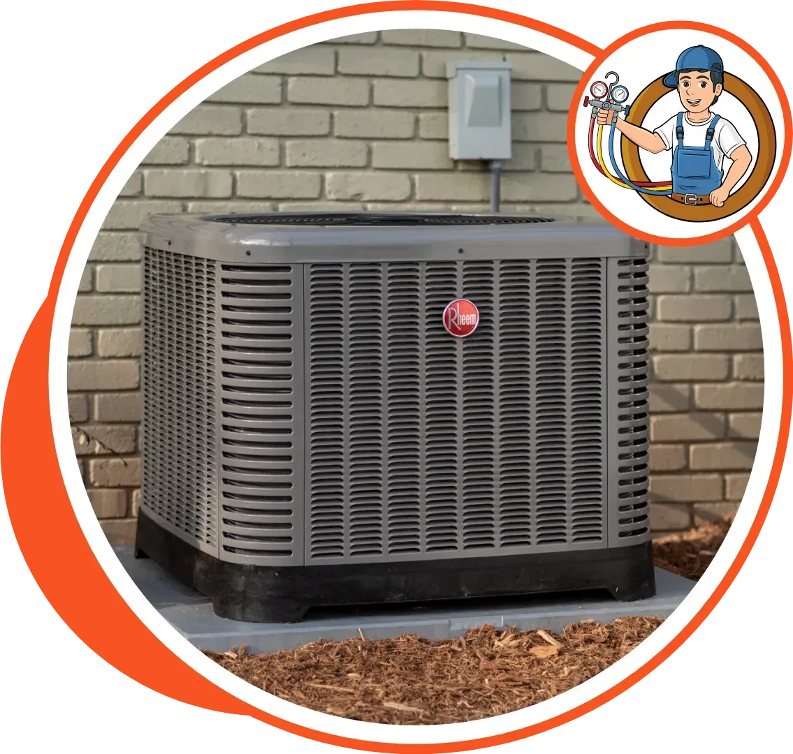 Air conditioning unit outside a brick building with an HVAC technician graphic overlay.