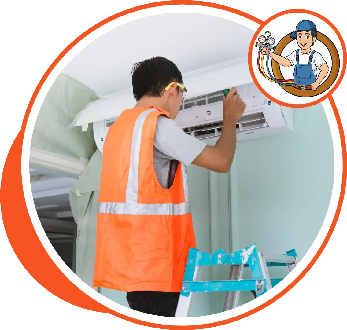 HVAC technician in orange vest repairing an AC unit. Indoors, using a ladder.