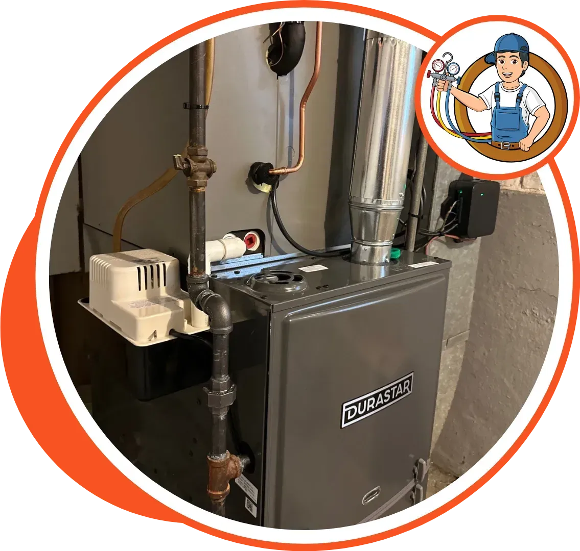 Furnace with gas pipes, vent pipe, and a plumber in a circle logo.