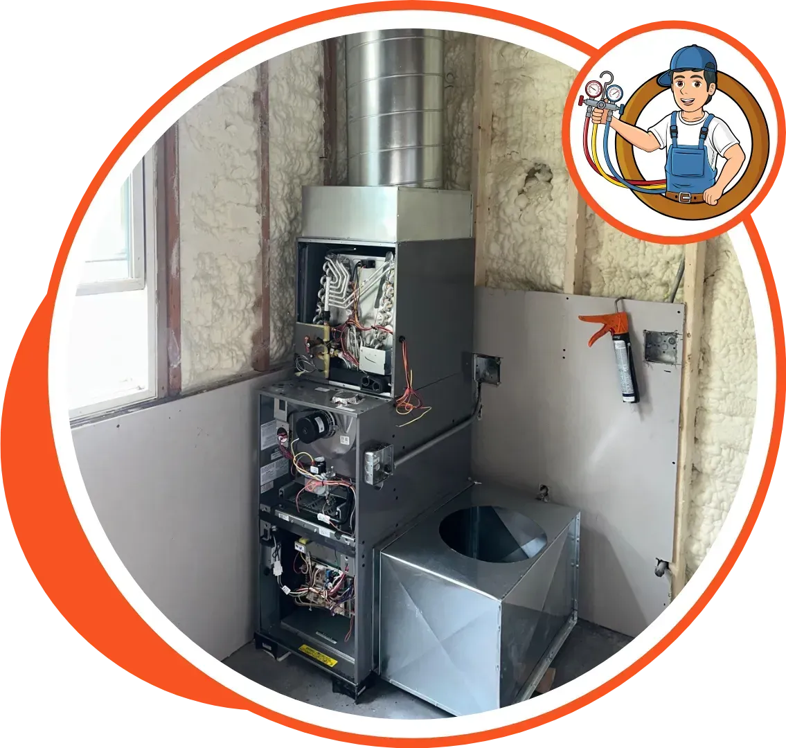 Furnace installation in a wall. An HVAC technician cartoon is on the right.
