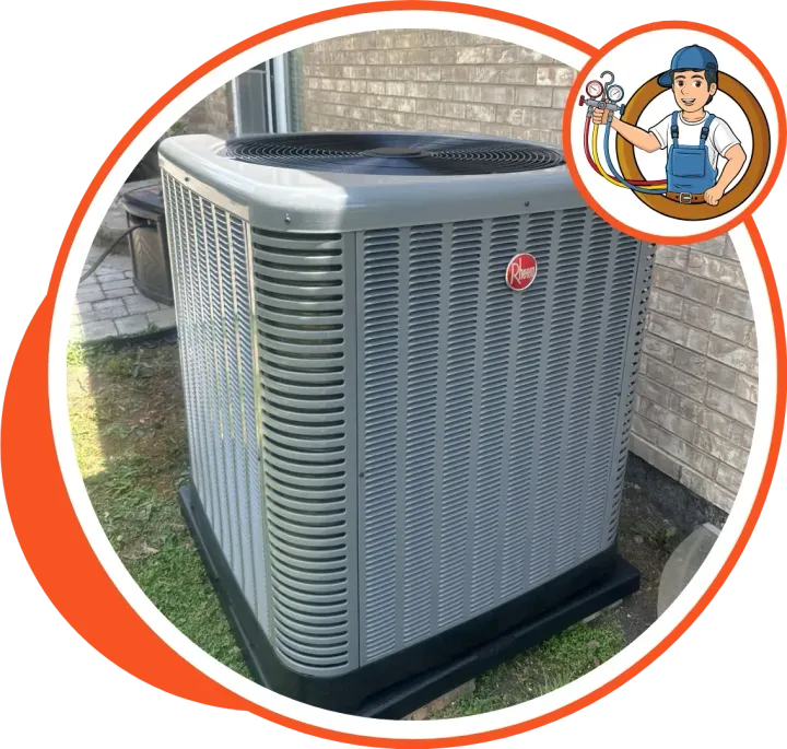 Rheem air conditioning unit with cartoon technician graphic.