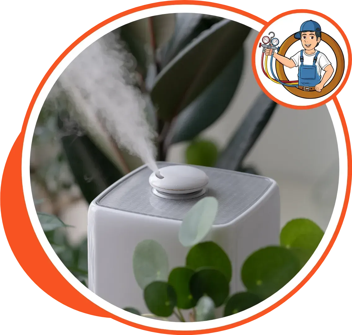 Humidifier emitting mist near plants, with a handyman cartoon icon in the top right corner.