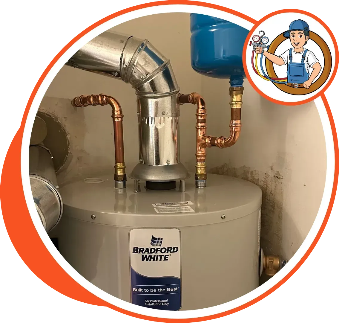 A water heater with copper pipes, a vent, and a blue expansion tank. A plumber's logo is in the corner.