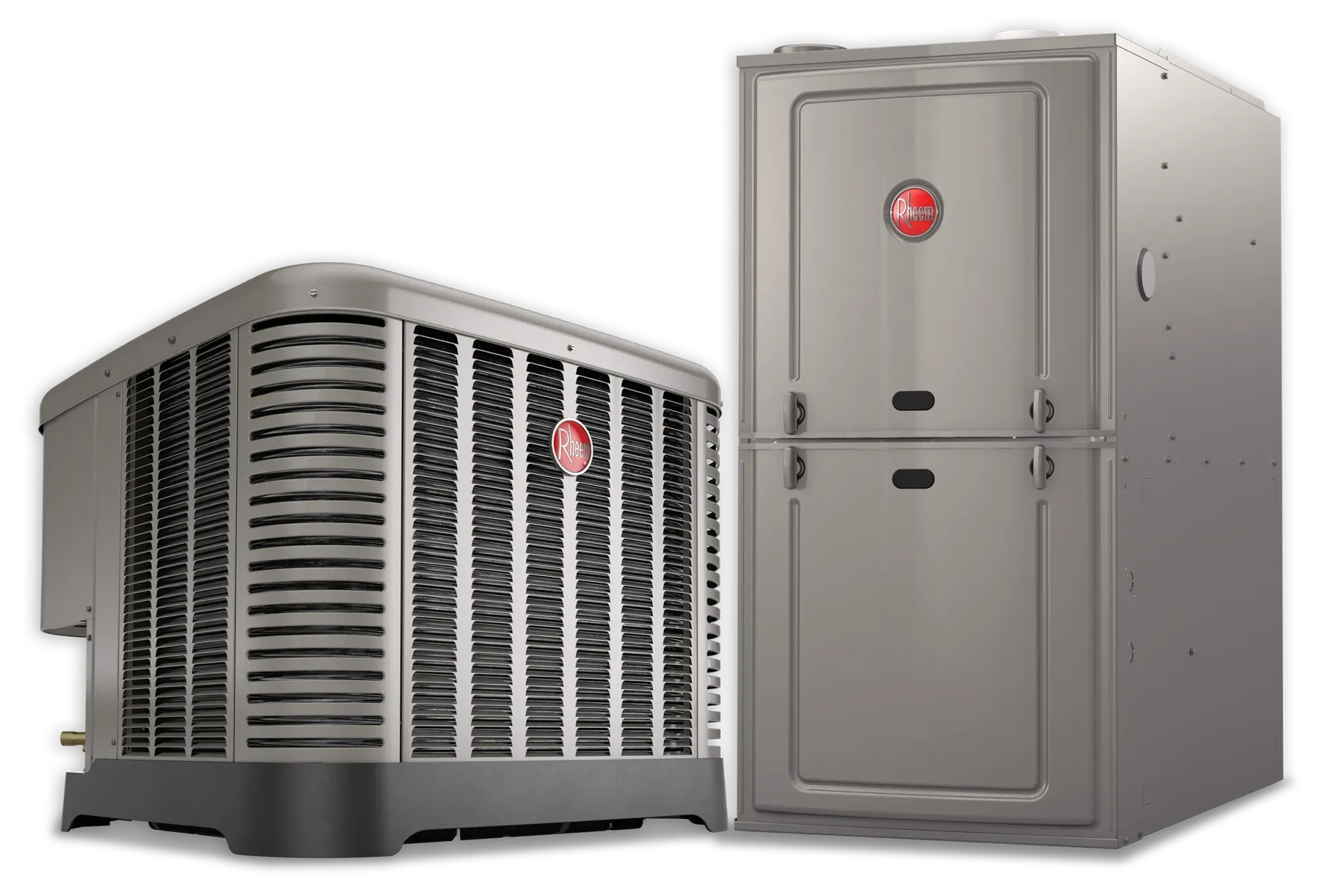 An air conditioning unit, consisting of an outdoor compressor and indoor furnace, both gray and branded Rheem.