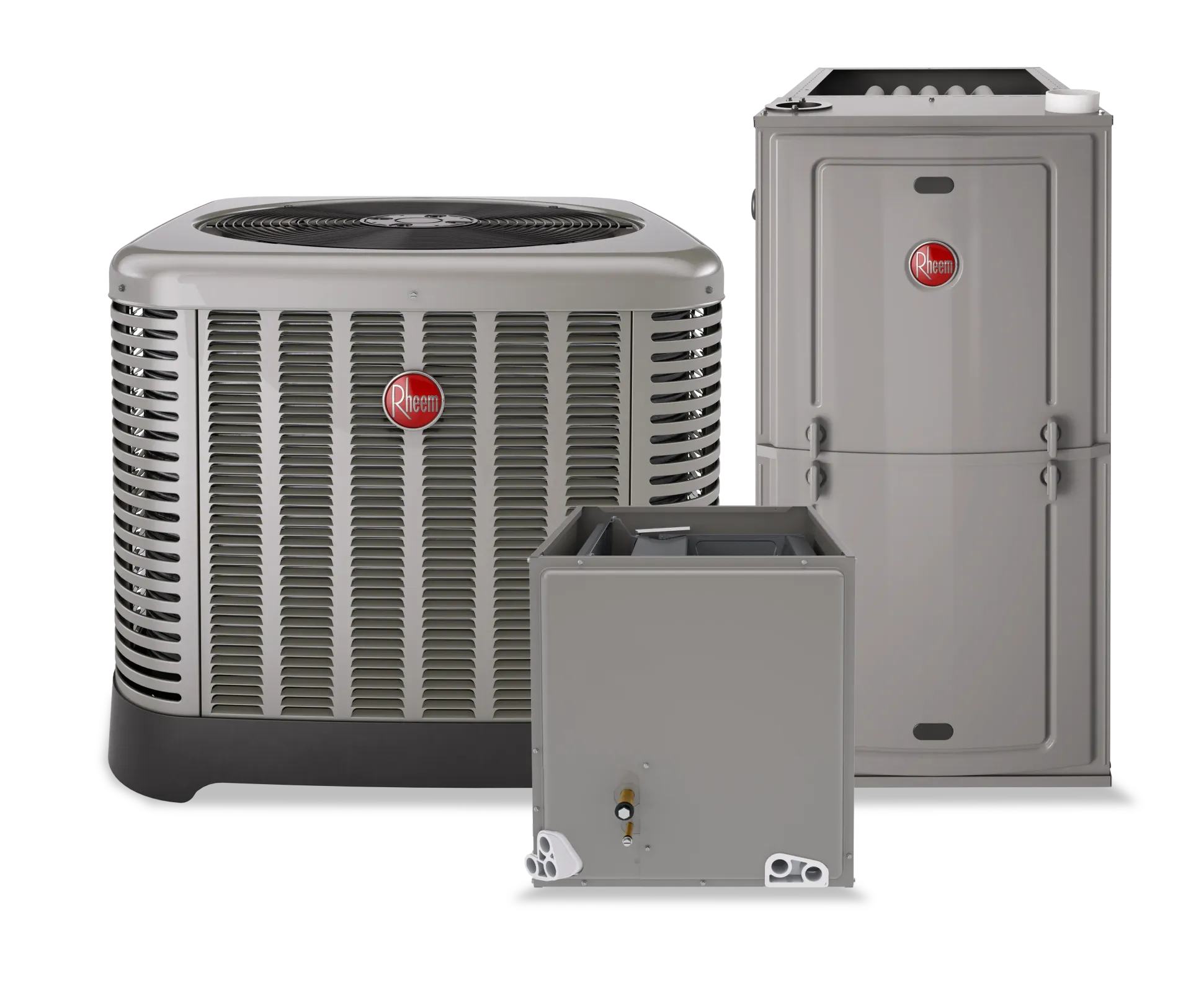 Three Rheem HVAC units: central air conditioner, furnace, and evaporator coil. Silver-grey color.