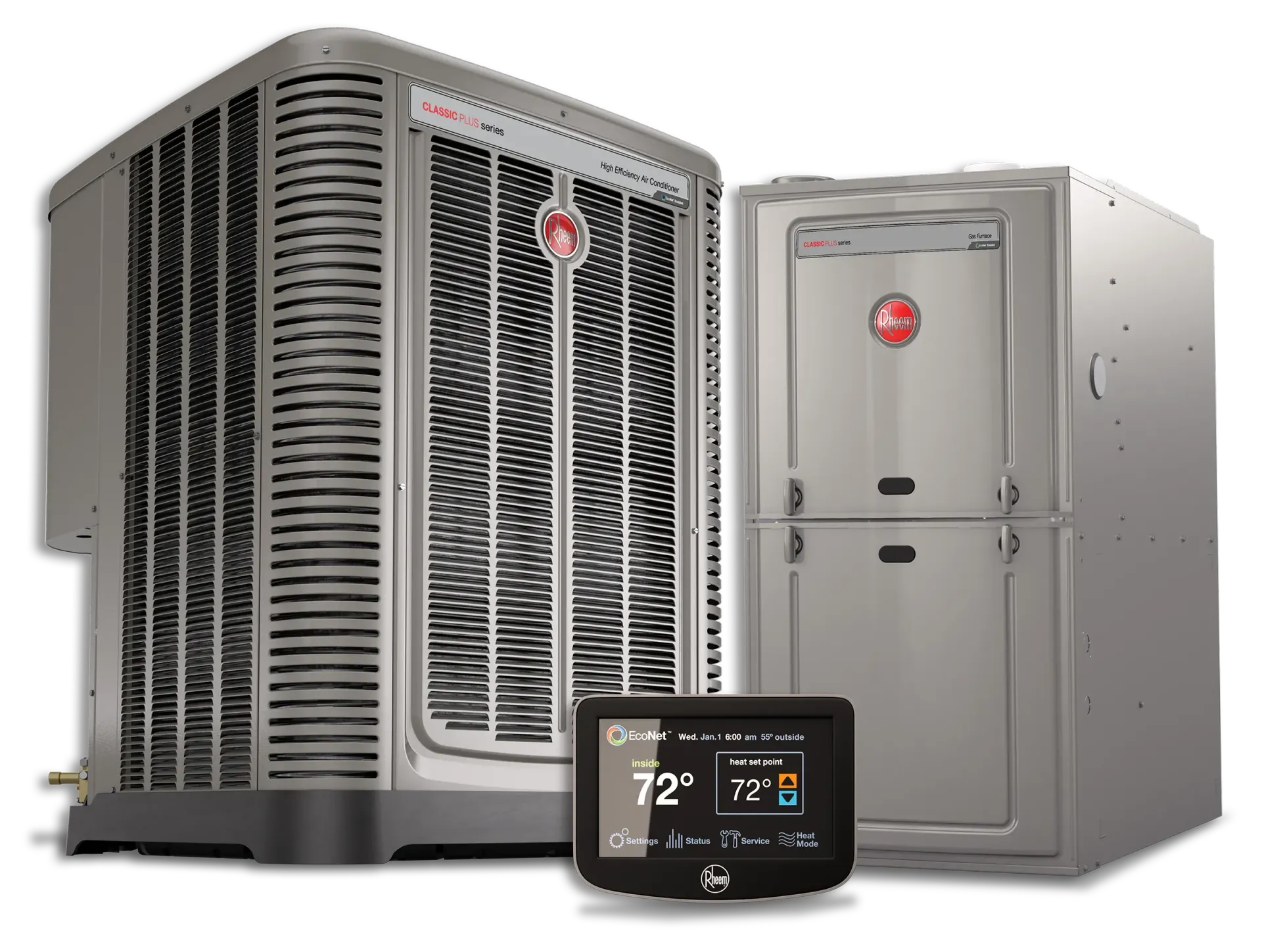 HVAC system with outdoor unit, indoor unit, and thermostat. Gray, metallic finish.