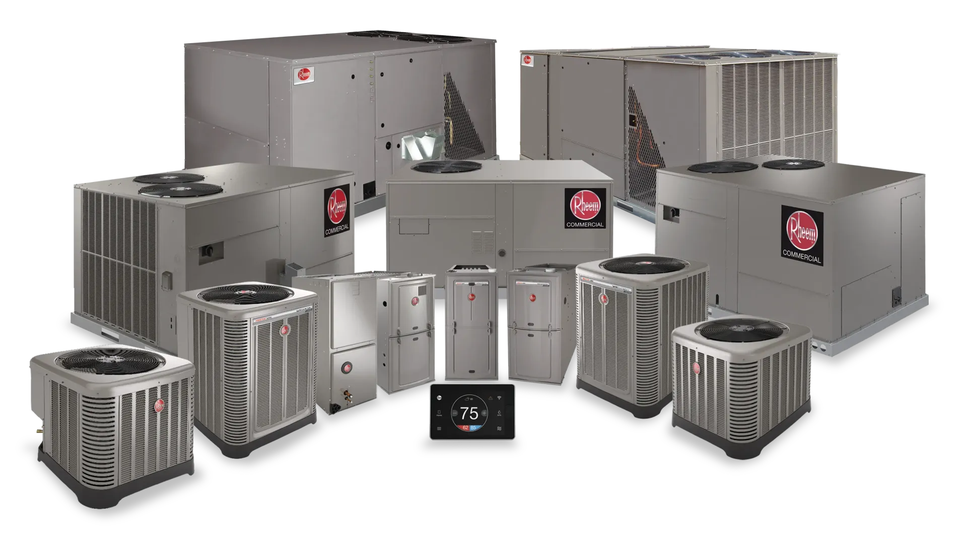 Collection of gray HVAC units for commercial and residential use.