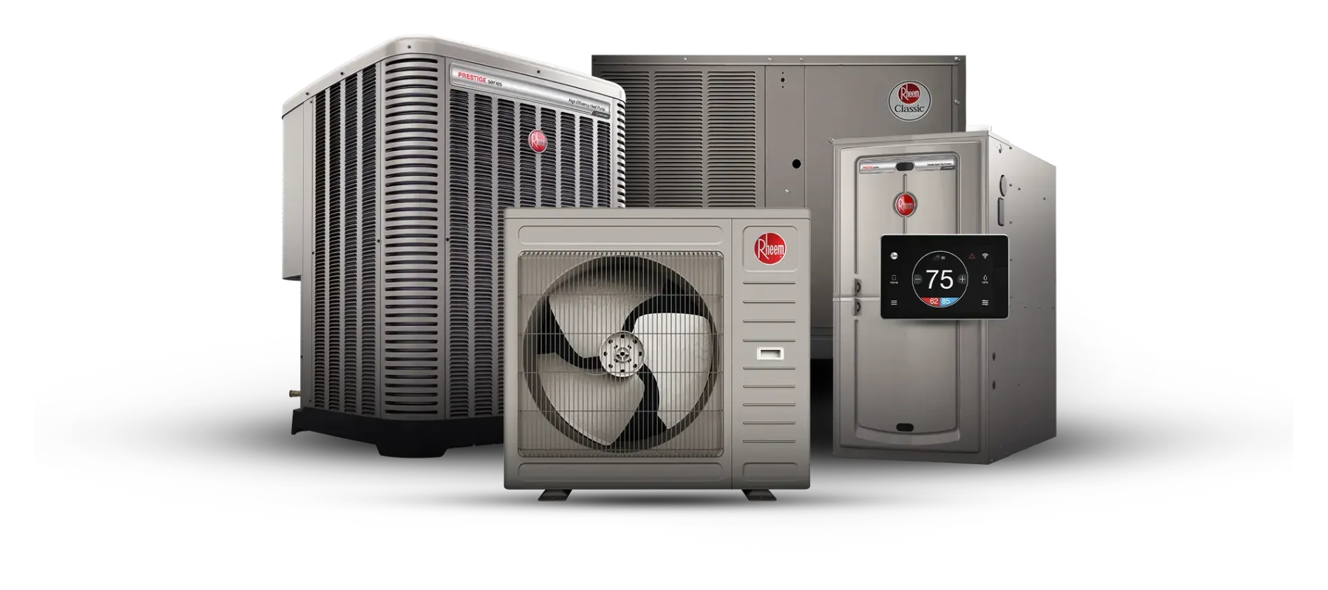 Multiple Rheem HVAC units in various sizes and configurations.