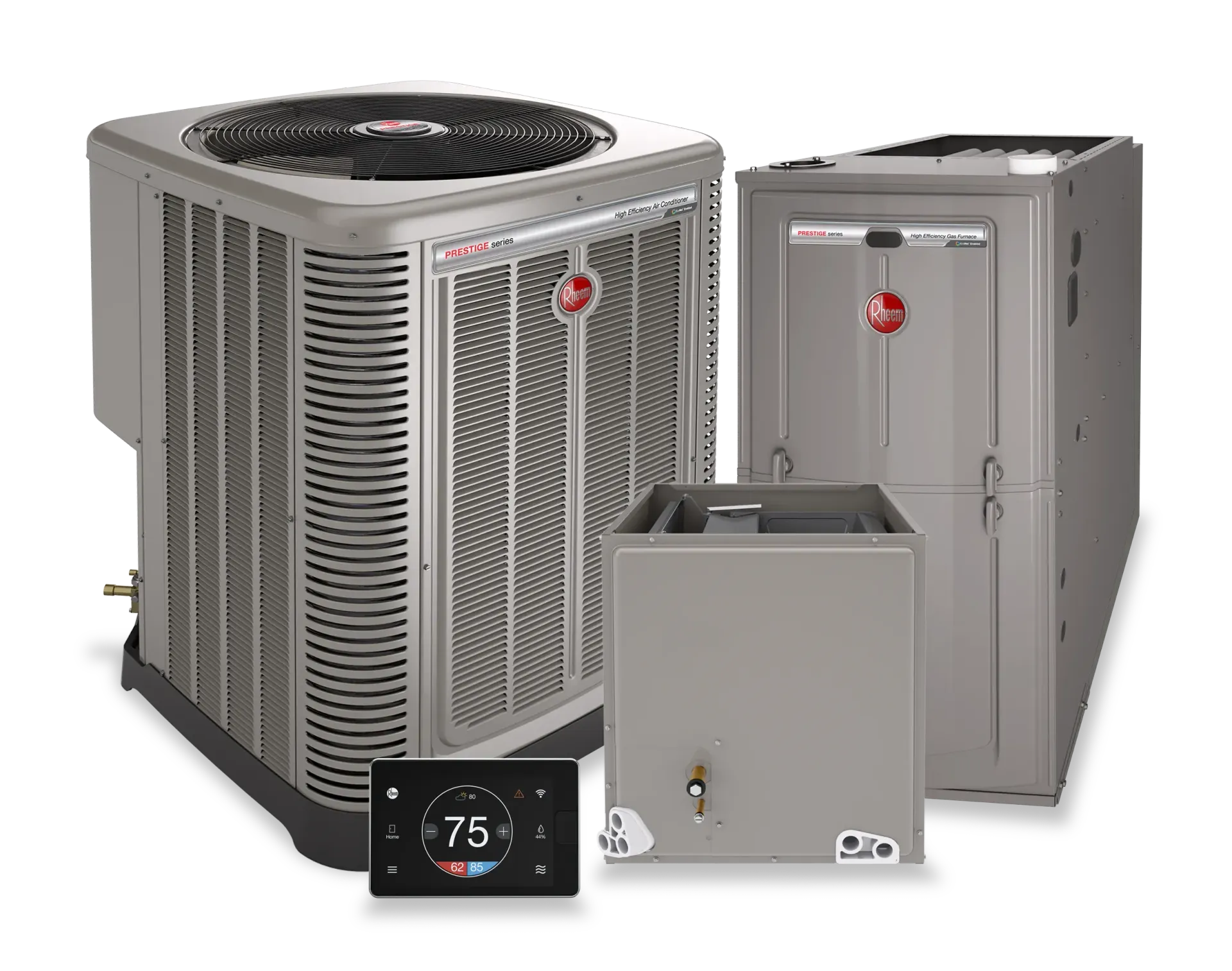 Rheem HVAC system: outdoor unit, indoor unit, filter, humidifier, and thermostat set to 75 degrees.