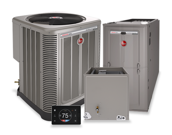 A Rheem HVAC system with outdoor unit, furnace, coil, and smart thermostat, all in gray.