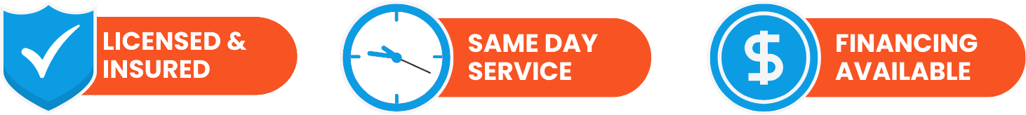 Icons for Licensed & Insured, Same Day Service, and Financing Available.