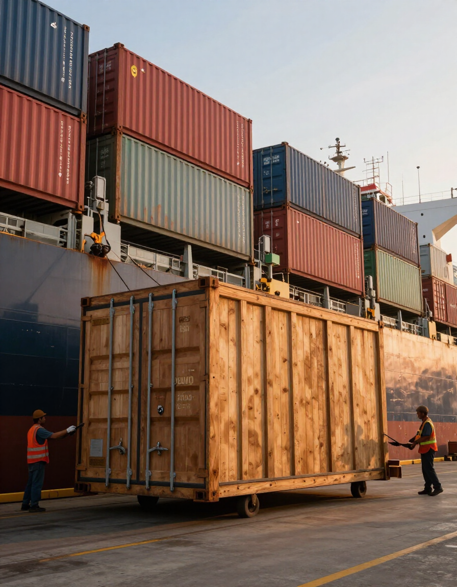 Wooden shipping crate being loaded onto cargo vessel at a Chinese export port