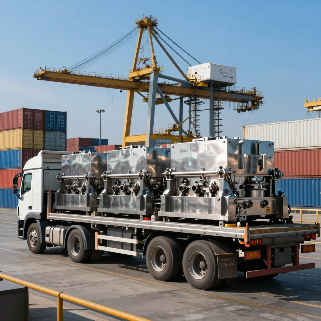 Flatbed truck carrying large machinery at a shipping port with stacked containers and a crane in the background