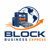 Block Business Express logo with blue factory, globe, and orange upward arrow