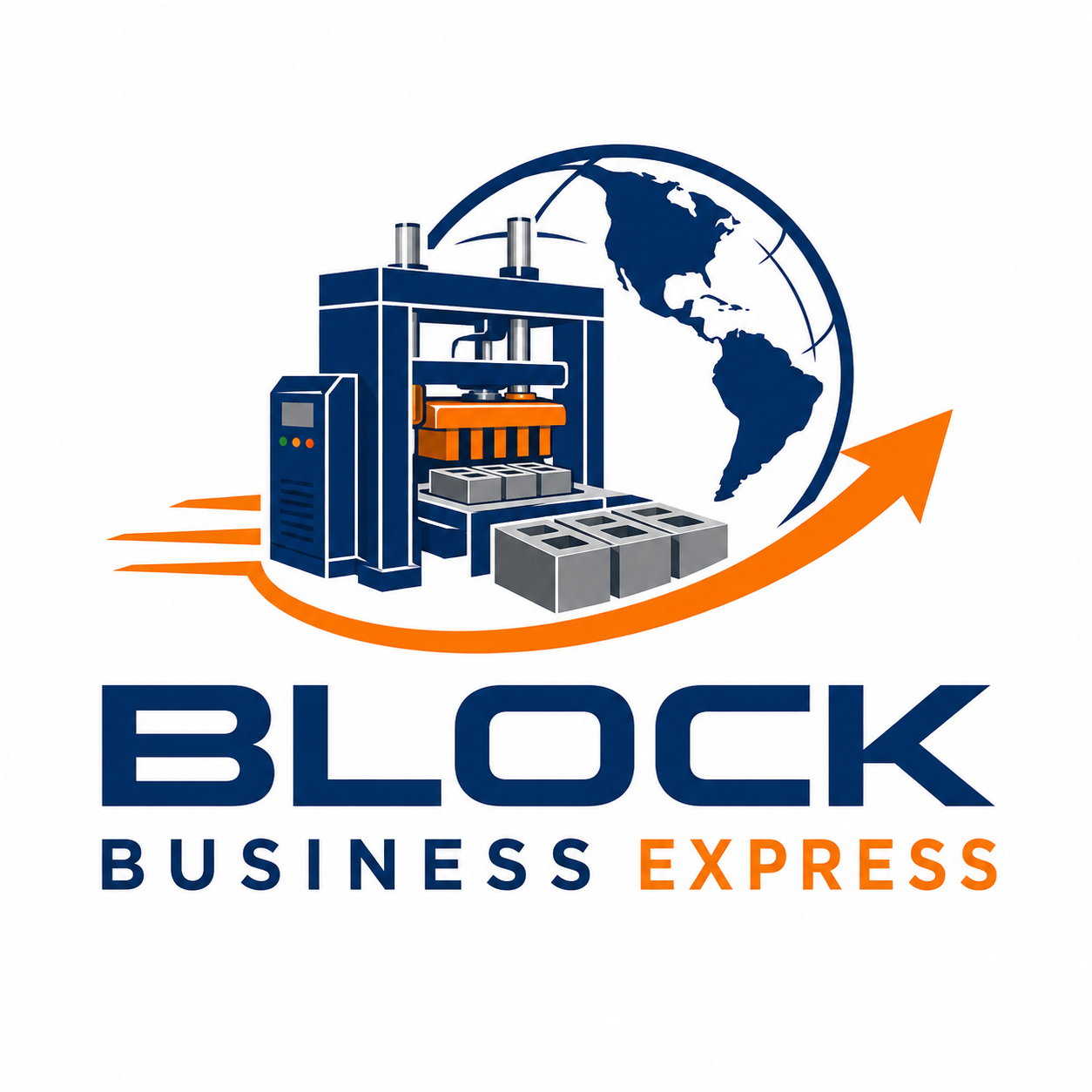 Block Business Express logo with blue factory, globe, and orange upward arrow