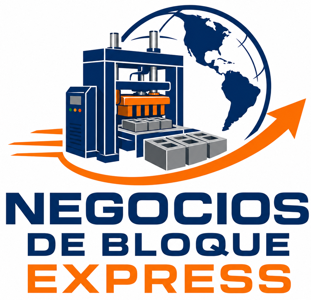 Logo de Negocios de Bloque Express con máquina industrial, cajas y flecha naranja sobre un globo azul.