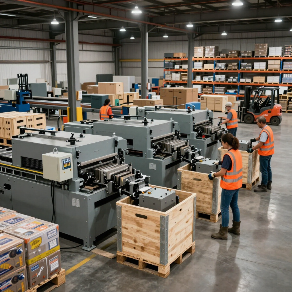 Workers in orange vests inspect industrial machines inside a warehouse workshop.