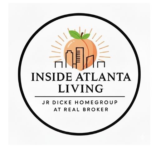 Inside Atlanta Living logo with sunburst skyline and JR Dicke Homegroup at Real Broker text