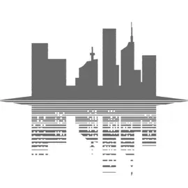 Gray city skyline silhouette reflected in water, with mirrored buildings below a horizon line