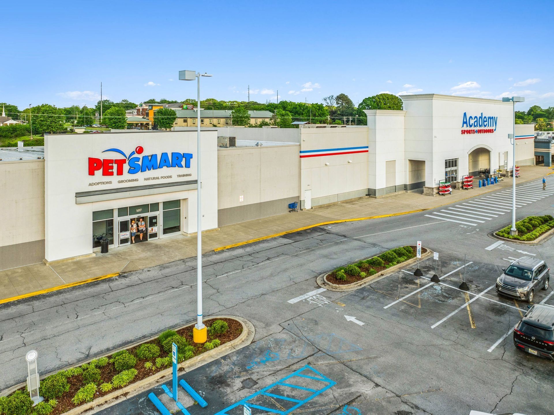PetSmart and Petco storefronts in a shopping center parking lot under a cloudy sky