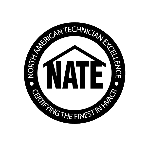 NATE certification logo: black and white circular design with 