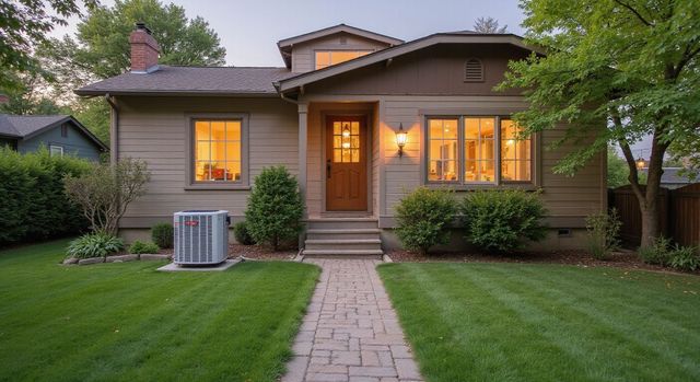 Tan house with a brick walkway, green lawn, and illuminated windows at dusk.