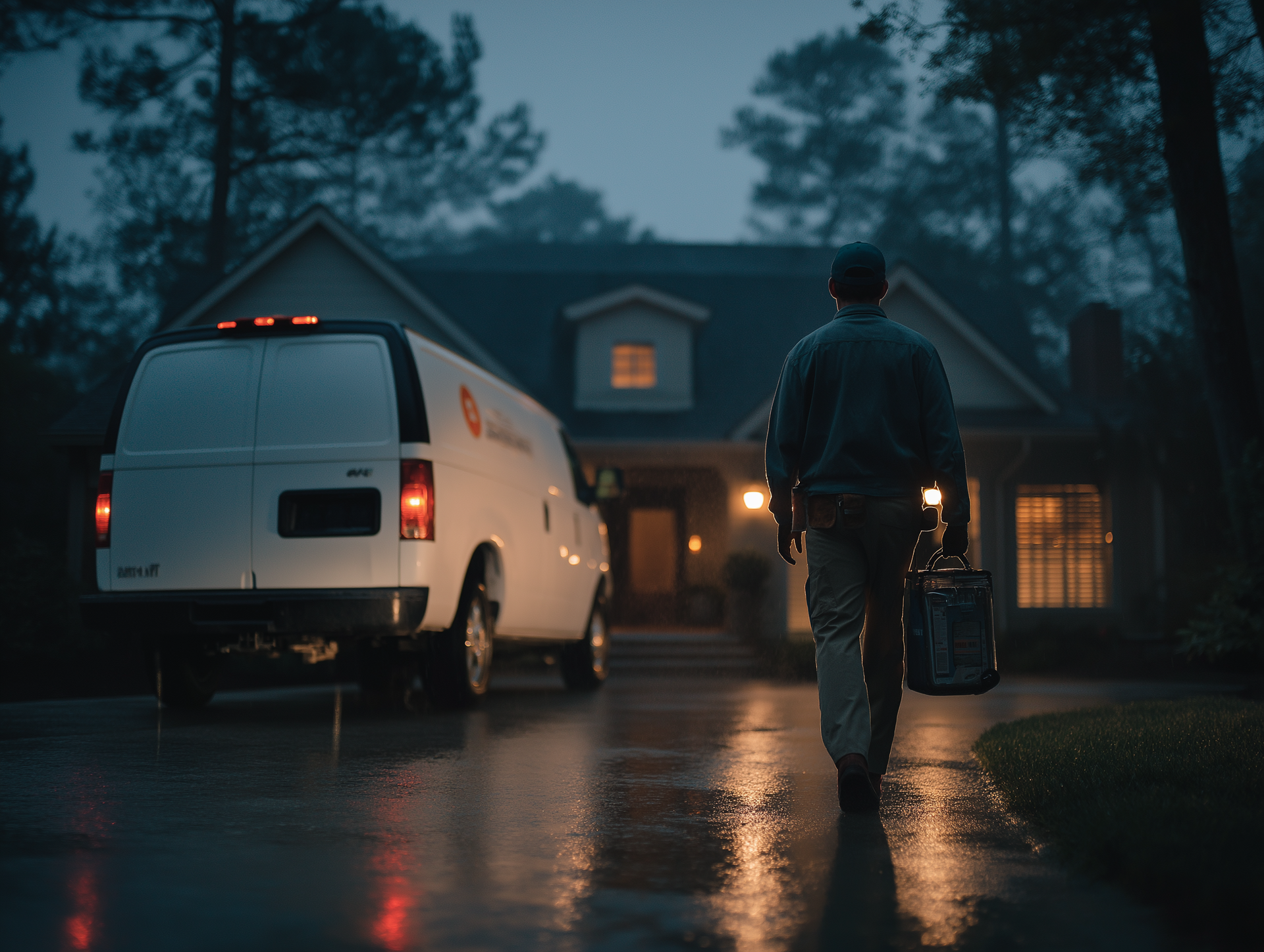 A service technician walks towards a house at dusk, carrying a toolbox. White van parked on the wet driveway.