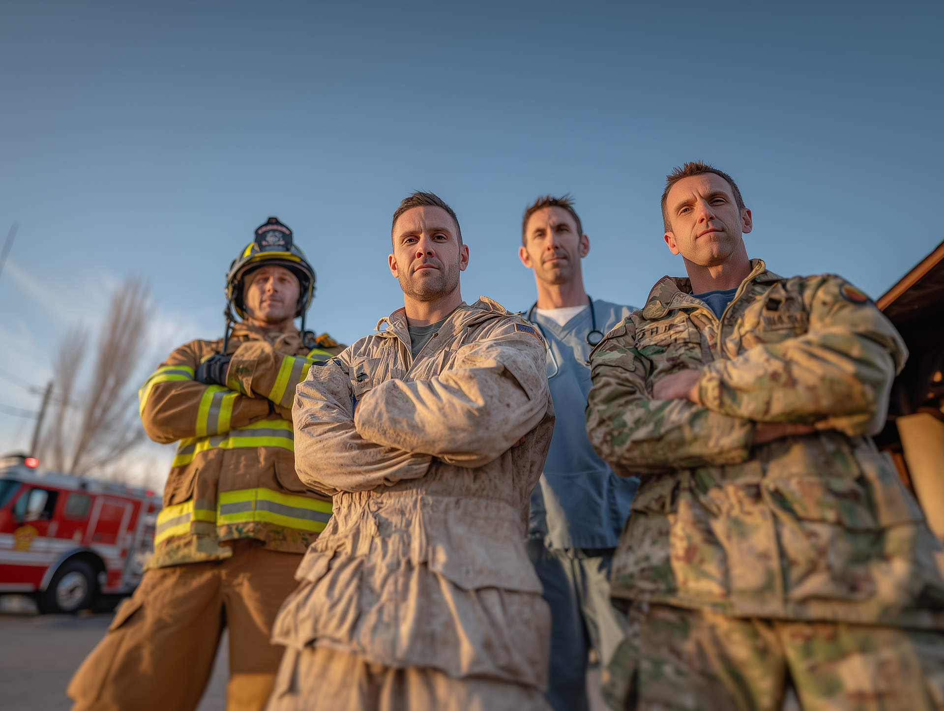 Group of four uniformed first responders with arms crossed: firefighter, soldier, medic, and airman.