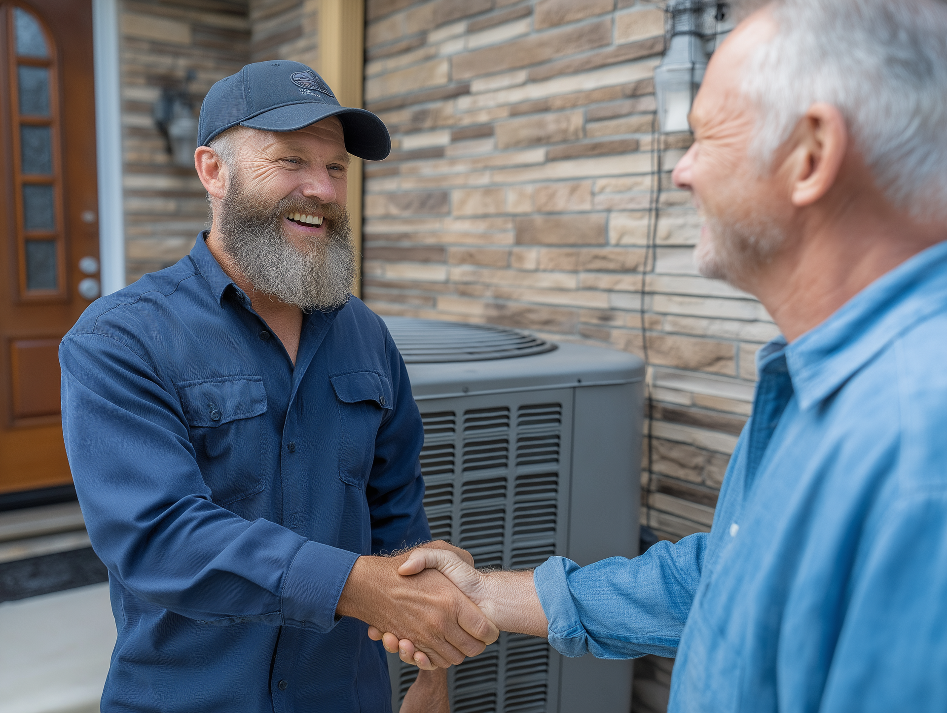 Two men shaking hands in front of a house and AC unit. The man on the left wears a cap and blue work shirt, smiling.