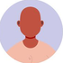 Illustrated person with bald head, red shirt, and neutral expression on a light purple background