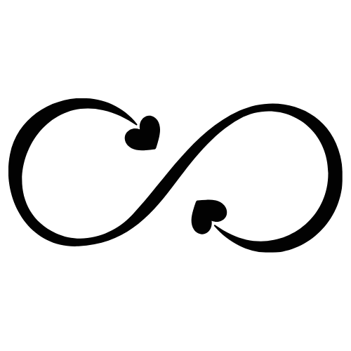 Black infinity symbol with two heart-shaped arrows pointing towards each other.
