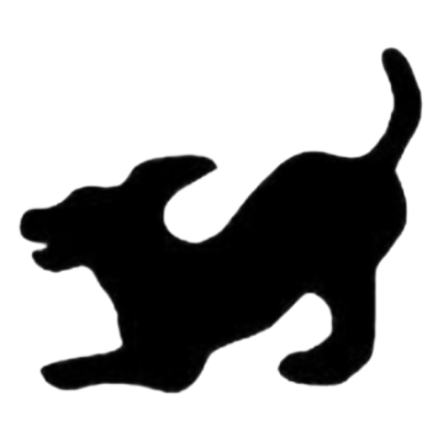 Black silhouette of a dog in a playful pose, tail up, head tilted, front paw extended.