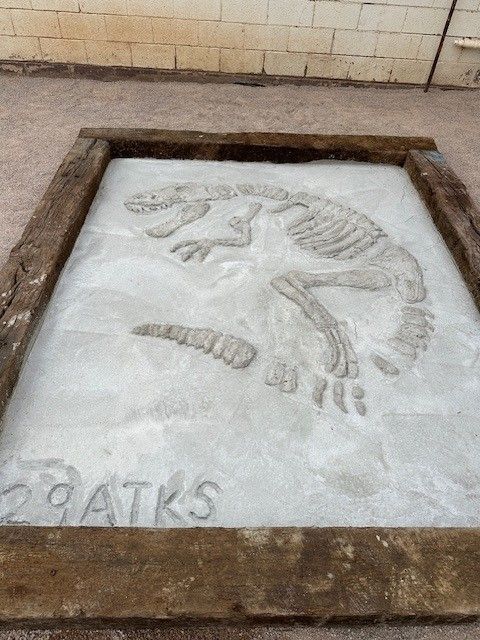 Dinosaur skeleton impression in a sandy surface, framed in wood, with text 